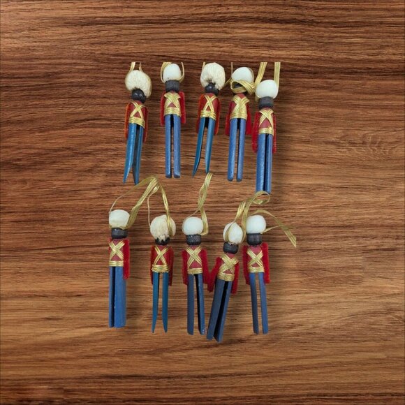 Set Of 10 Handmade Nutcracker Soldier Clothespin Ornaments With Gold Ribbon Hang - Picture 4 of 8